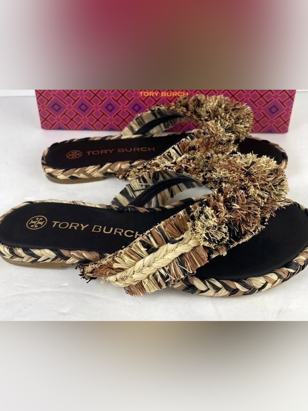 RARE! Tory Burch Raffia Black Aged Camello Flip Flops Sandals Womens Size 7